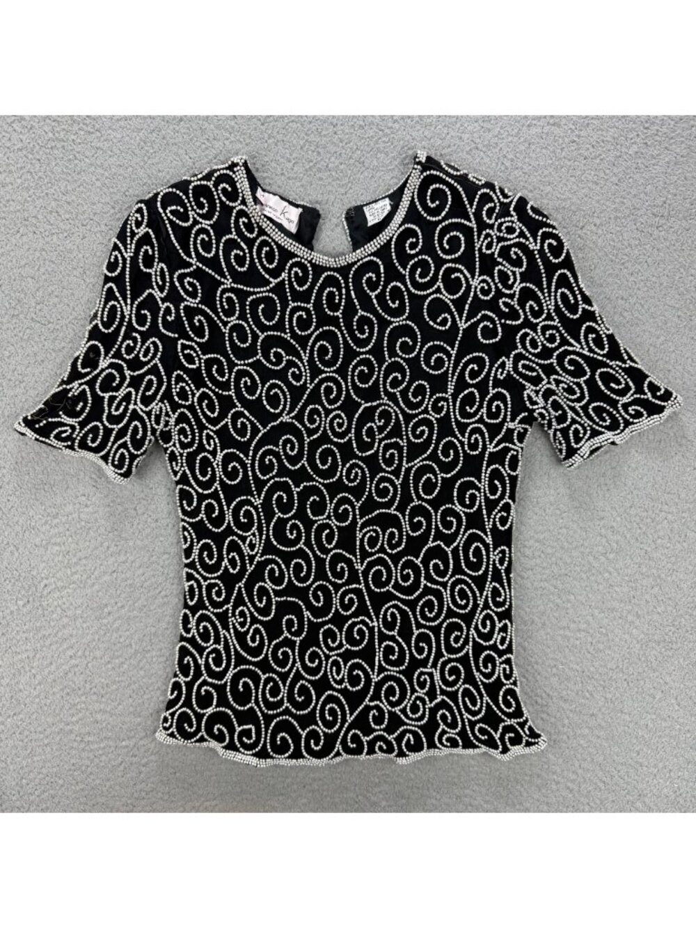Laurence Kazar Top Womens Petite Small PS Silk Faux Pearl Beaded Blouse Vintage